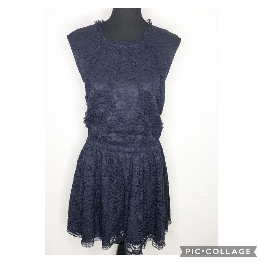 See by Chloe navy blue‎ lace overlay ruffle trim cap sleeve dress size 4 NWT